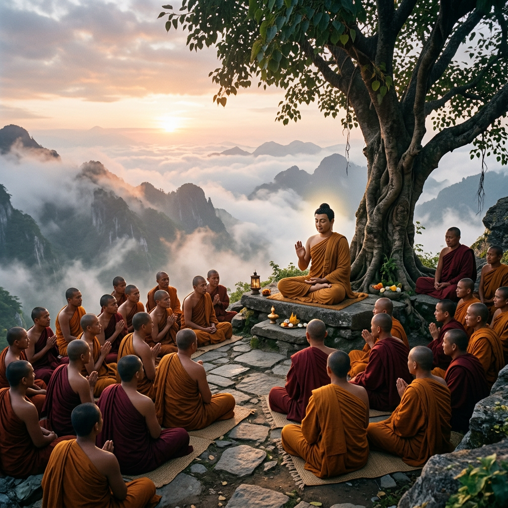 Monks sitting in meditation around a Buddha statue under a tree in a misty mountain setting at sunrise